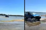 Imagini virale la Galați: Un șofer s-a aventurat cu mașina pe limbile de nisip apărute pe Dunăre - VIDEO